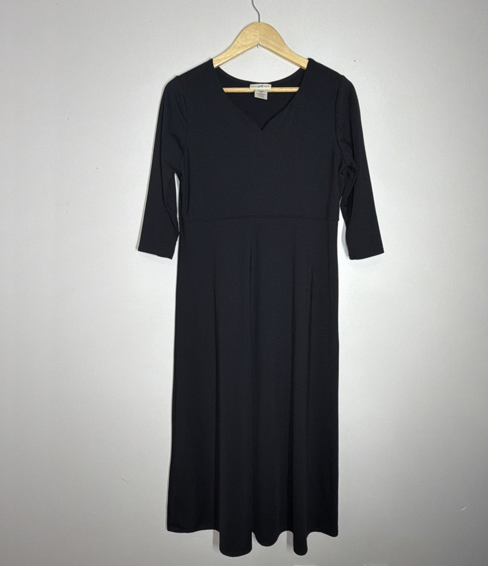 TravelSmith V Neck Midi Dress Petite Medium Black A Line Stretch Knit 3/4 Sleeve